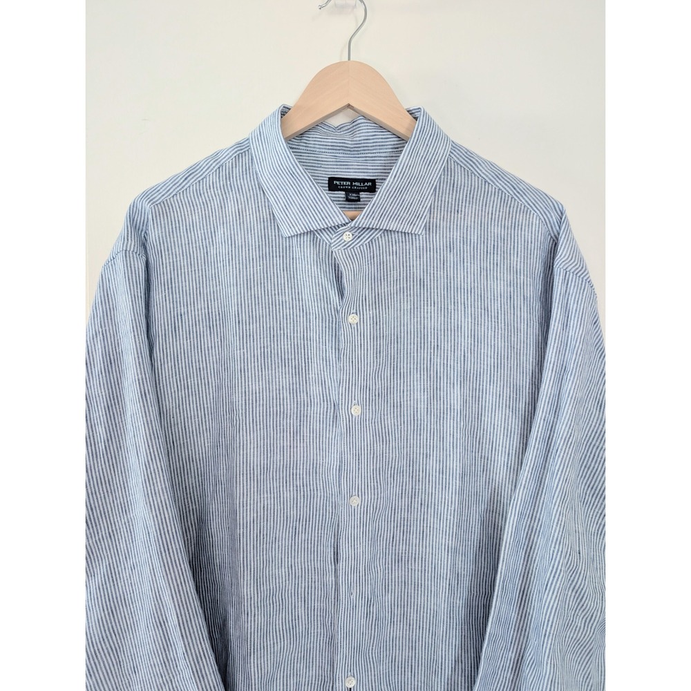 Peter Millar Crown Crafted Mens XXL Blue Striped 100% Linen Shirt Preppy Coastal